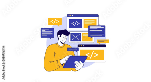 Web Developer Programming and Designing UI UX Interface on Digital Tablet Illustration, Software Engineering and App Development Concept Flat Vector
