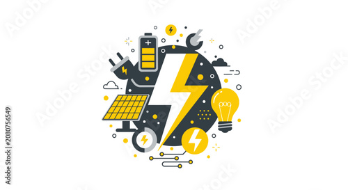 Sustainable Green Energy and Electricity Concept Illustration with Solar Panels, Battery, and Lightning Bolt Icons for Power and Innovation