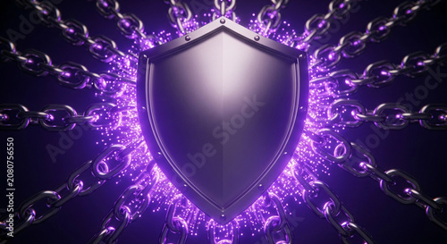 A silver shield with a purple glow and broken chains on a dark background, symbolizing protection and security with a dramatic effect.