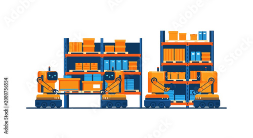 Automated Smart Warehouse Illustration with Robots Sorting Boxes on Industrial Racks for Logistics and E-commerce Concept