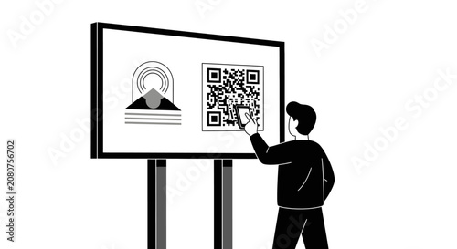 Man Scanning QR Code on Digital Billboard with Smartphone, Minimalist Black and White Flat Illustration