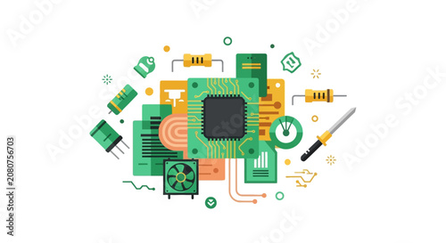 Flat Design Illustration of Electronic Components, CPU Microchip, and Computer Hardware Engineering Concept on White Background