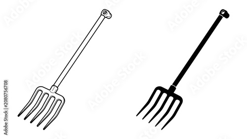 Obraz na plátně Pitchfork Icon Set: A clean, vector illustration set featuring two pitchforks, one in outline and one in solid black, representing a classic agricultural tool