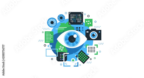 Artificial Intelligence Computer Vision and Global Surveillance Technology Illustration with Digital Data and Eye Icon
