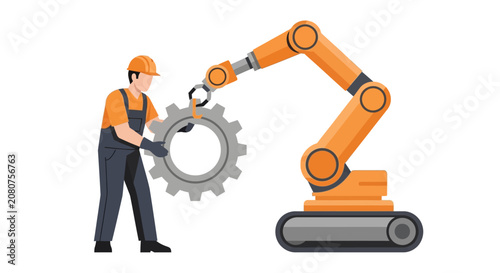 Industrial human-robot collaboration vector illustration with factory worker and automated robotic arm holding a gear