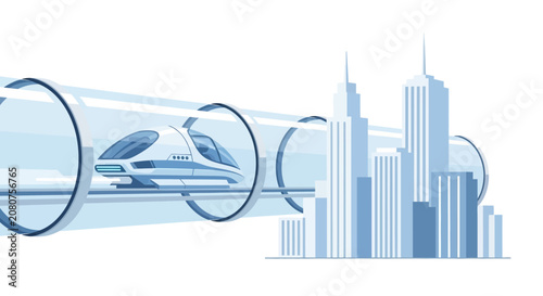 Futuristic Hyperloop High-Speed Train Traveling Through Transparent Vacuum Tube in Modern City Illustration