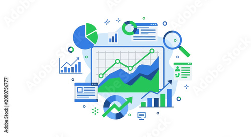 Business Data Analytics and Financial Growth Visualization Illustration with Charts and Graphs