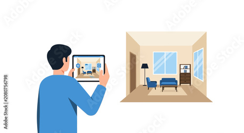 Man using augmented reality app on tablet for virtual interior design and home furniture arrangement concept illustration