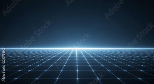 Glowing blue grid pattern with lines radiating from a central light source against a dark background with a futuristic feel.