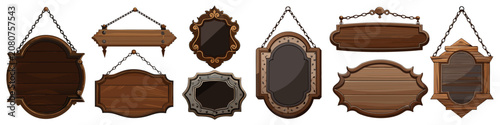 A collection of polished dark wood hanging plaques and signboards featuring sophisticated, elegant curves and decorative borders.