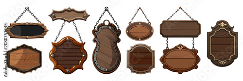 A collection of medieval and fantasy-themed dark wooden signs decorated with metallic rivets, frames, and chains.
