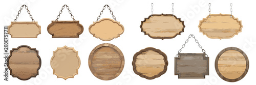 A collection of light and rustic wooden hanging signs suspended by metal chains in various classic, ornamental shapes.