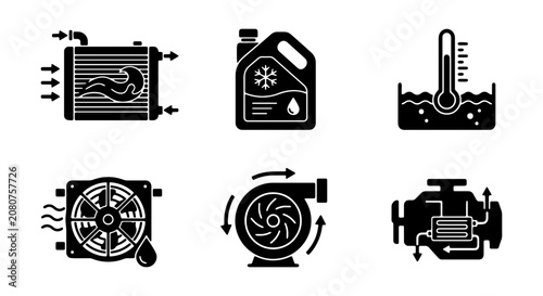 Foto Automotive Cooling System Icons: Radiator, Coolant, Thermometer, Fan, Turbo, Eng