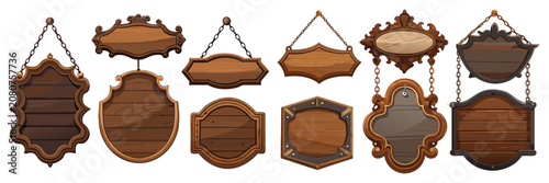 A collection of ornate, vintage-style wooden signs and hanging plaques perfect for fantasy game interfaces or rustic decor.