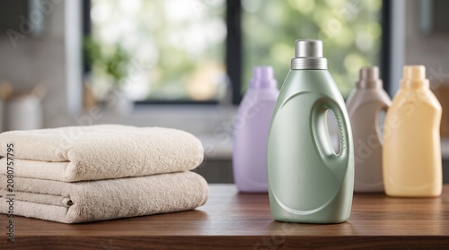 Green laundry detergent bottle standing next to folded fresh towels on a wooden table in a brightly lit modern home kitchen environment for housework
