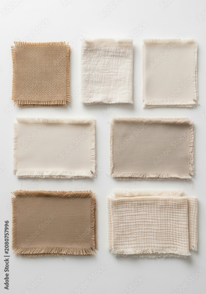Fototapeta premium Collection of Natural Fabric Swatches with Frayed Edges in Neutral Beige and Cream Tones on White Background