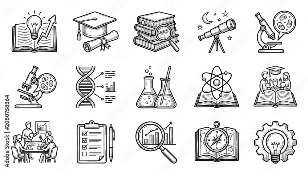Fototapeta premium Collection of science and education related hand-drawn icons.