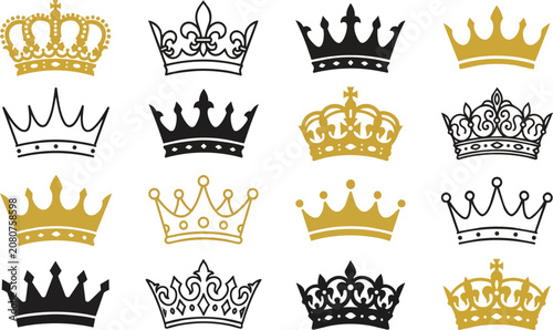 Fotografie Collection of sixteen decorative royal crown vector illustration icons displayed