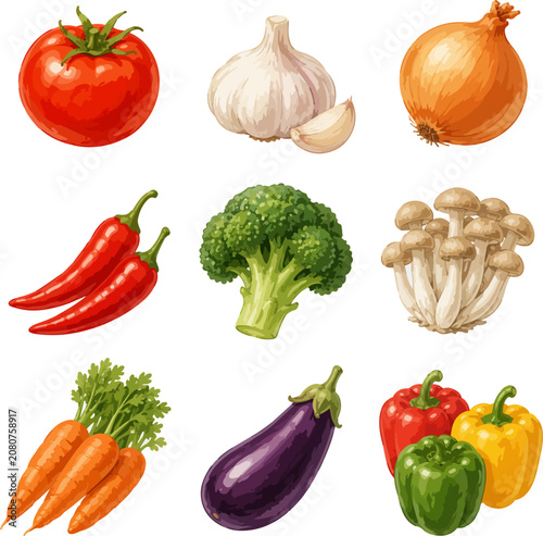 Vegetable Collection Illustration Set With Tomato Garlic Onion Chili Broccoli And Carrots