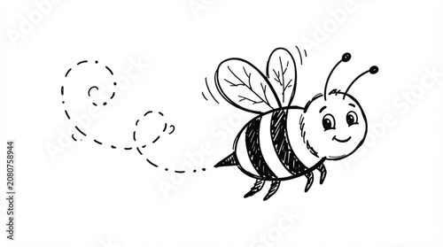 Cute hand drawn doodle honey bee vector sketch with playful flying line path for whimsical honey jar labels or nursery craft decorations