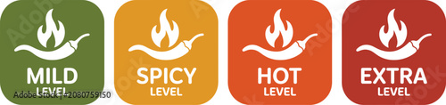 Cuadro en lienzo Chili, pepper heat level icons set, mild, spicy, hot, and extra hot labels, green, yellow, and orange flame symbols, isolated on white background