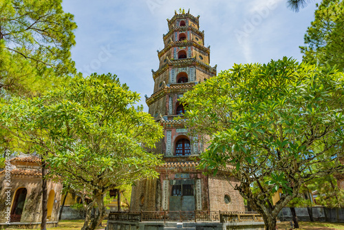Beautiful daytime view of the historic Thien Mu Pagoda tower in Hue ancient capital, Vietnam.