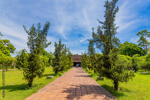 Beautiful daytime view of the historic Thien Mu Pagoda tower in Hue ancient capital, Vietnam.