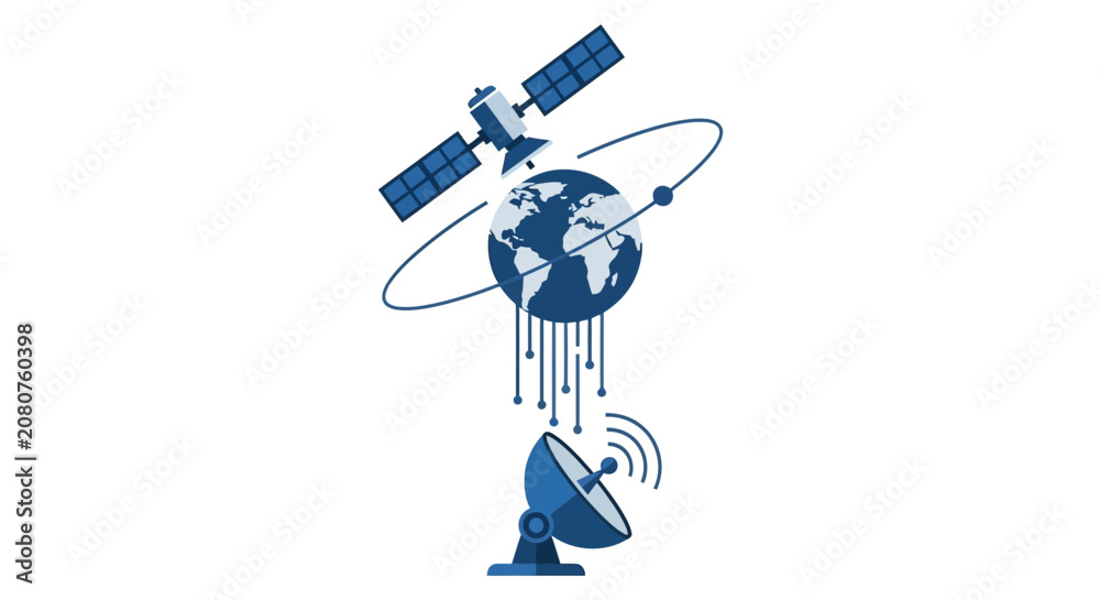 Fototapeta premium Global Satellite Communication and Data Transmission Flat Vector Illustration