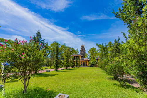 Beautiful daytime view of the historic Thien Mu Pagoda tower in Hue ancient capital, Vietnam.