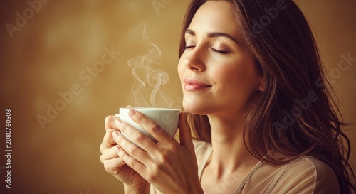 Woman enjoying a cup of coffee blissfully