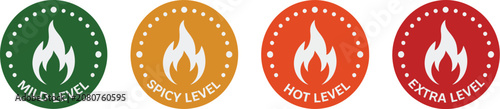 Fotografía Chili, pepper icons set, spicy heat level labels, mild, hot, and extra hot badges, green, yellow, orange, and red flame symbols, isolated on white background