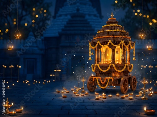 Illuminated wooden temple chariot standing on stone courtyard during night celebration.