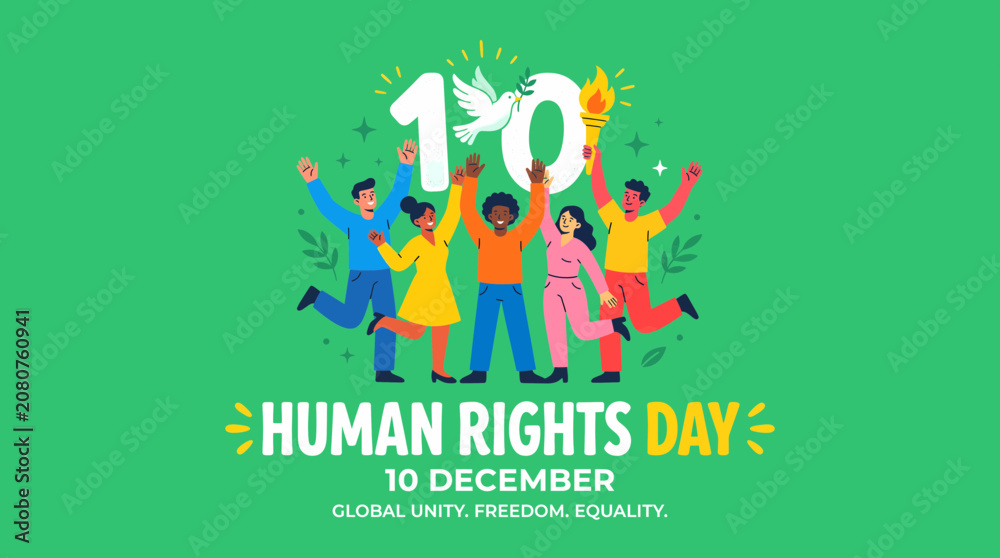 Fototapeta premium Vibrant illustration of Human Rights Day on December 10th, featuring five diverse people celebrating global unity, freedom, and equality with raised hands, a dove, and a torch.