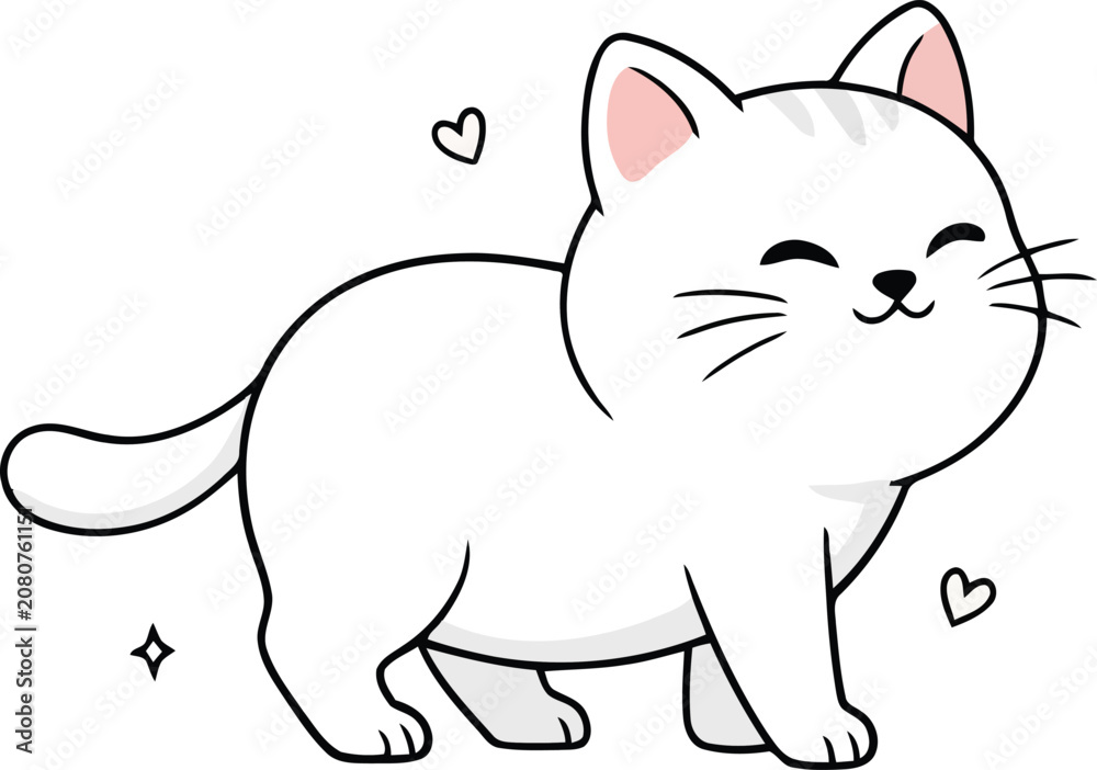 Obraz premium Cute white kitten with hearts vector illustration affection whiskers