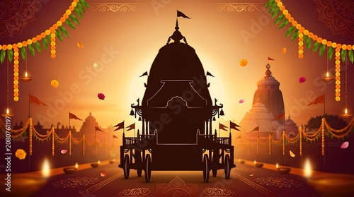 Grand silhouette of traditional wooden chariot under sunset sky with temple backdrop.