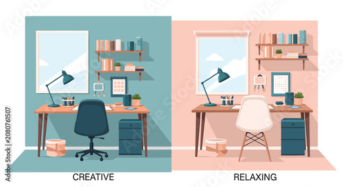 Fotografie Comparison of creative and relaxing home office workspace interior design styles