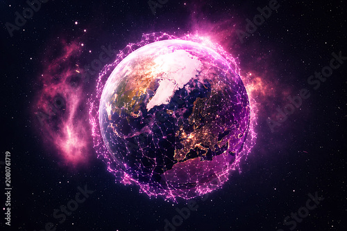 Futuristic Earth with Purple Nebula and Communication Plexus
