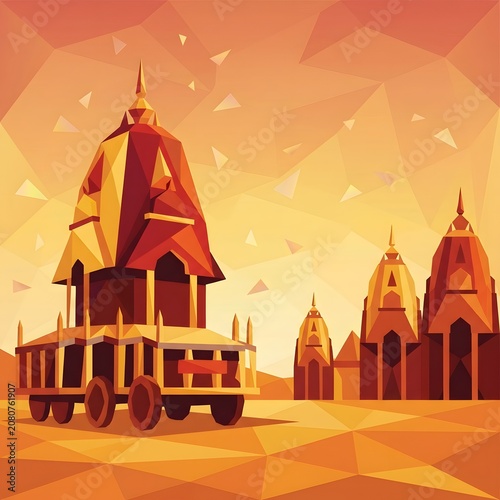 Jagannath rath yatra vector art, geometric style festival chariot and temples, orange background.