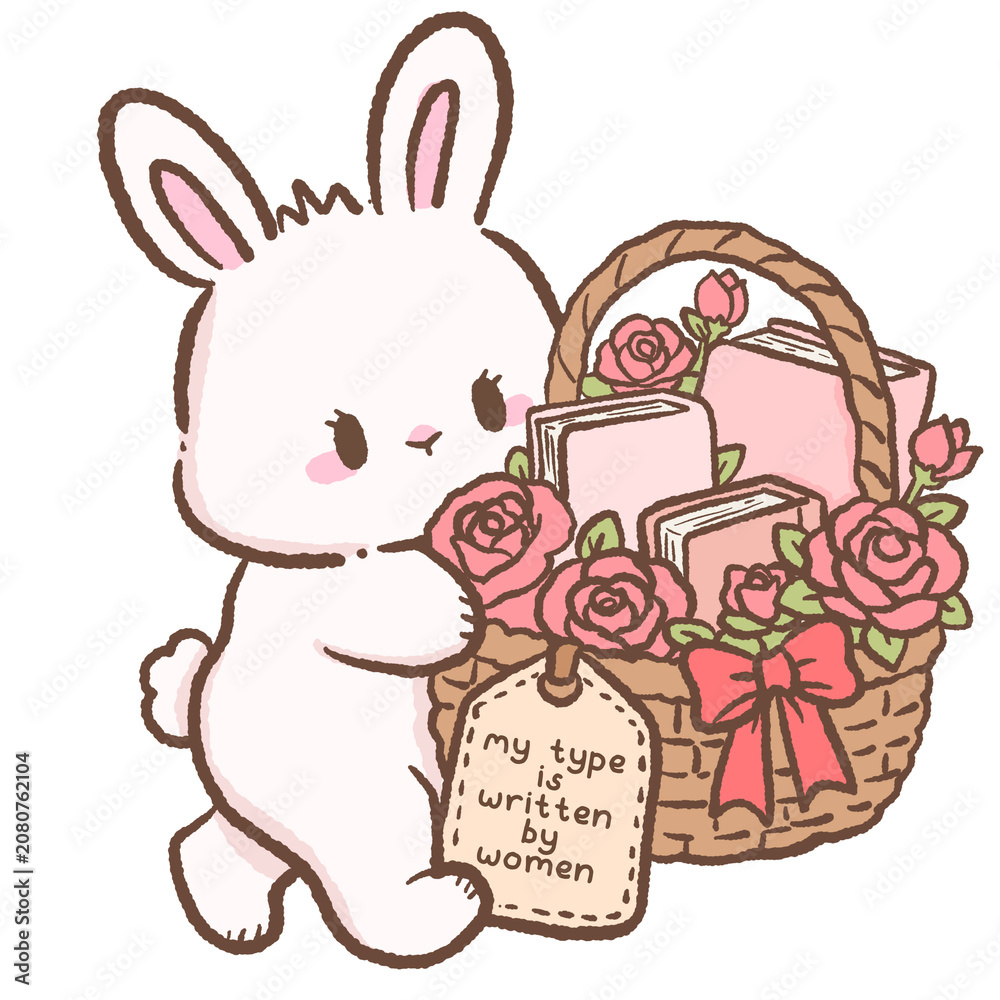 Obraz premium Cute Book Lover Bunny Carrying a Basket of Romance Books and Roses My Type Is Written by Women Digital Clipart