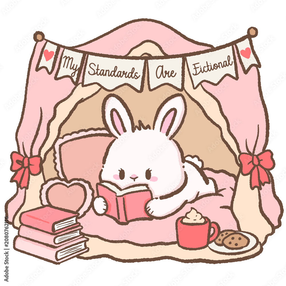 Obraz premium Cute Romance Reader Bunny Relaxing Inside a Cozy Reading Tent with Books Hot Chocolate Cookies and My Standards Are Fictional Banner Digital Clipart