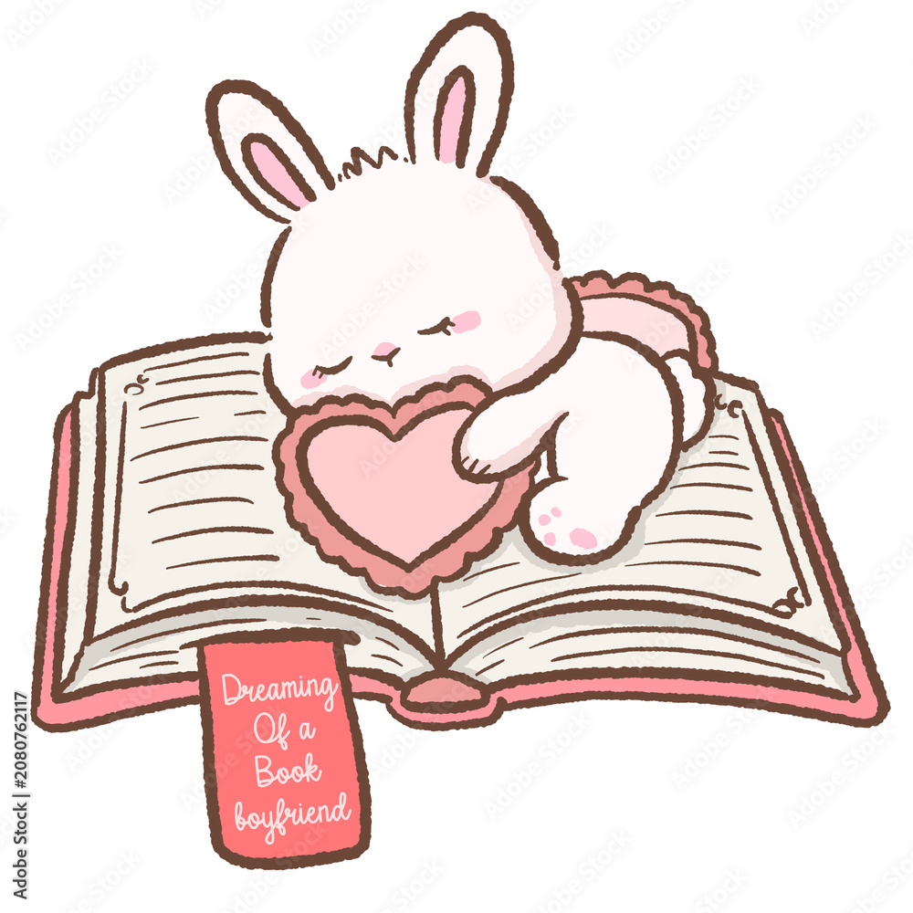 Obraz premium Cute Sleeping Bunny Dreaming of a Book Boyfriend While Hugging a Heart Pillow on an Open Romance Book Digital Clipart