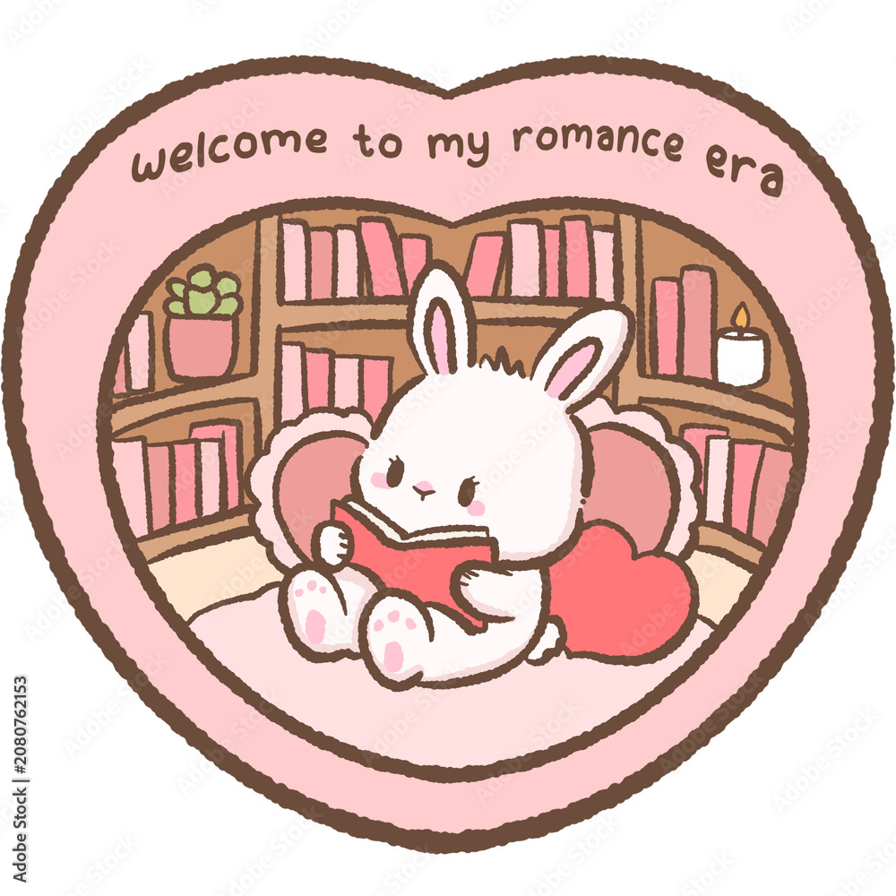 Obraz premium Cute Bookish Bunny Reading in a Heart Shaped Library with Welcome to My Romance Era Cozy Romance Reader Digital Clipart