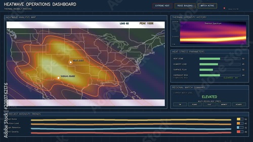 Climate heatwave operations dashboard animation tracking an extreme heat dome across the United States map