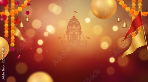Rath yatra festival background with blurred bokeh lights, traditional decorations, temple silhouette.