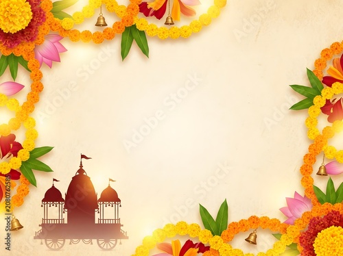 Rath yatra background frame, marigold flowers, colorful bells, temple chariot art, blank space.