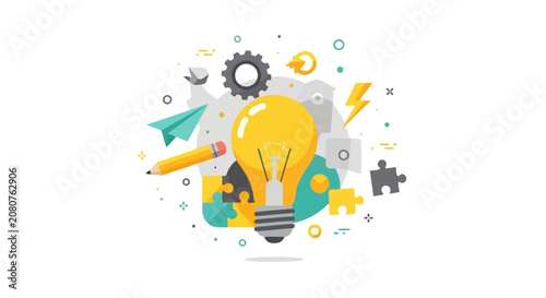 Modern Flat Vector Illustration of Creative Idea Concept featuring a Glowing Light Bulb surrounded by Gears, Pencil, and Puzzle Pieces for Innovation and Success