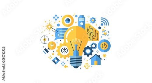 Modern Technology and Innovation Concept Vector Illustration featuring a Lightbulb and Digital Connectivity Icons for Creative Business Ideas.
