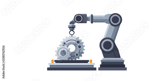 Industrial Robotic Arm with Metal Gears Flat Illustration, Automation and Industry 4.0 Concept