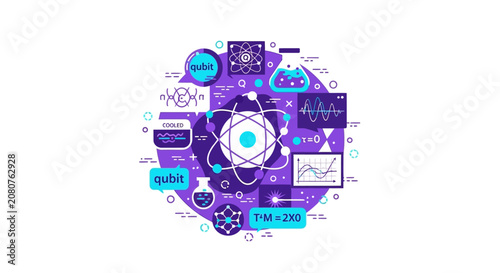 Quantum Computing and Physics Research Vector Illustration with Atom Model, Qubits, and Data Visualization Symbols