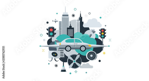 Futuristic Urban Mobility and Smart City Technology Illustration with Modern Flying Car, Skyscrapers, and Sustainable Transport Elements in Flat Design Style
